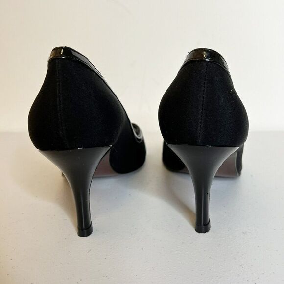 Stuart Weitzman Black Peep Toe Pumps with Patent Leather Trim Detail - Picture 5 of 7
